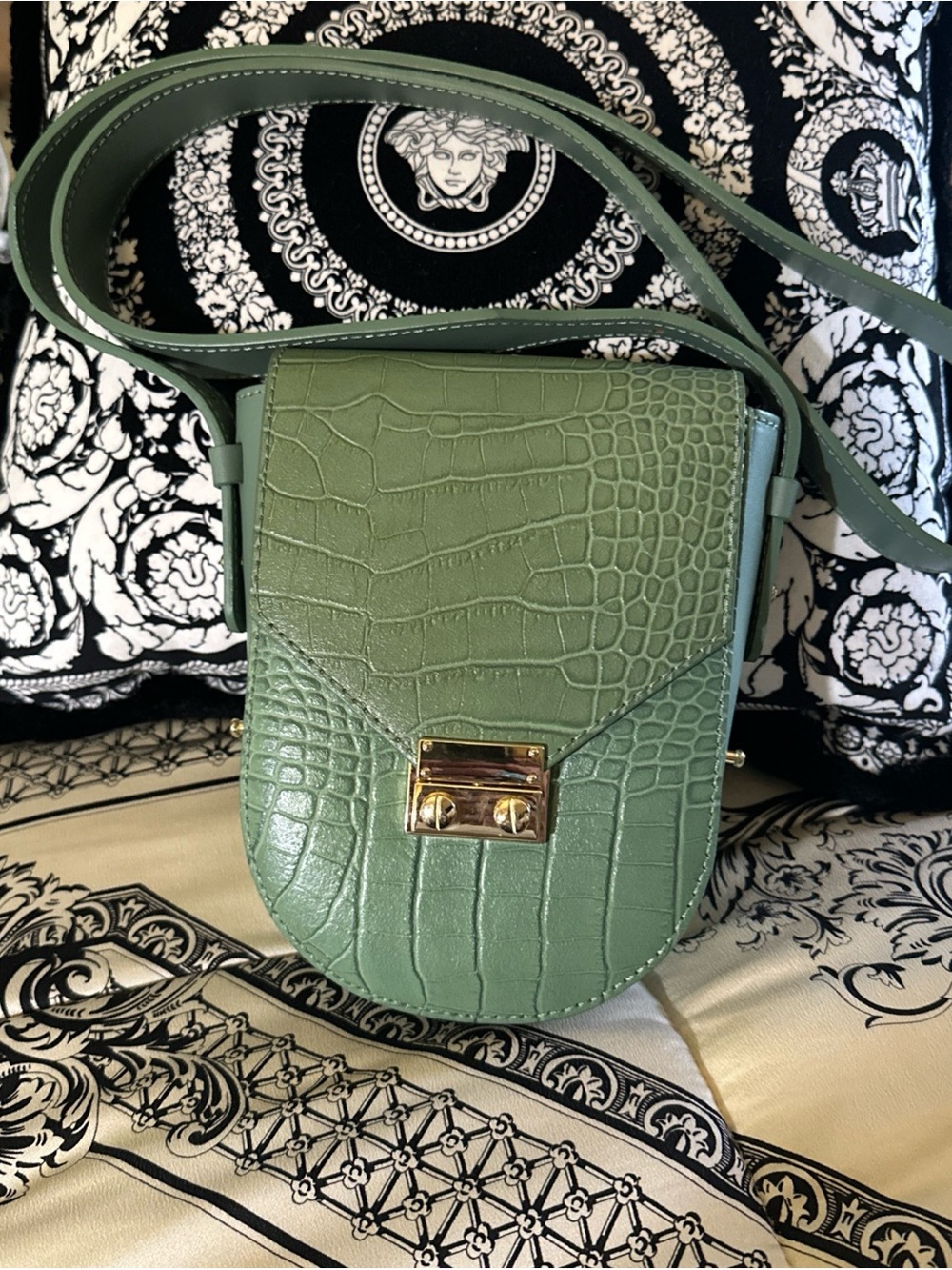 ISADORA Mint Green Croc-Embossed Crossbody Bag with Gold Lock